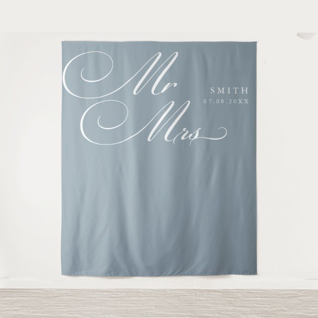 Elegant Calligraphy Mr & Mrs Wedding Backdrop Tapestry (Front)