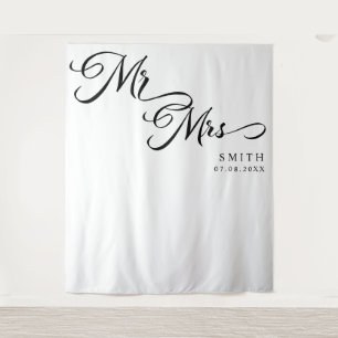 Elegant Calligraphy Mr & Mrs Wedding Backdrop Tapestry