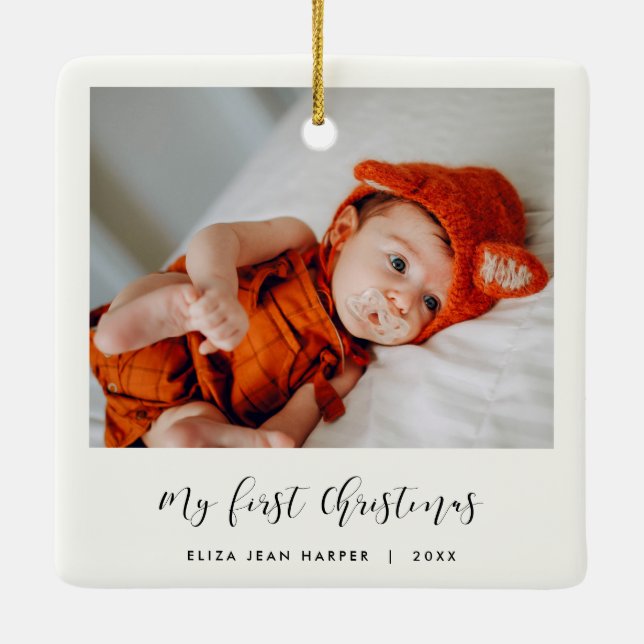Elegant calligraphy My First Christmas baby photo Ceramic Ornament (Back)