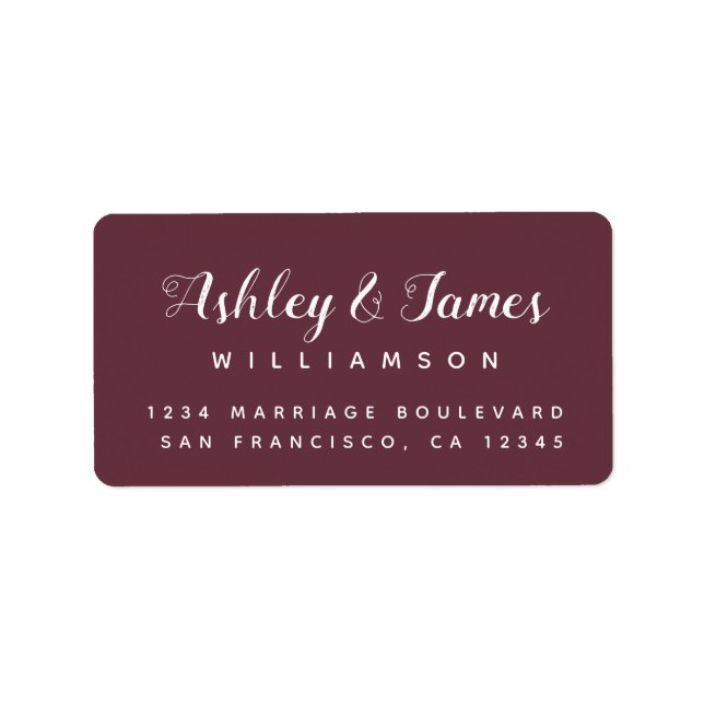 Elegant Calligraphy Names Burgundy Return Address Label (Front)