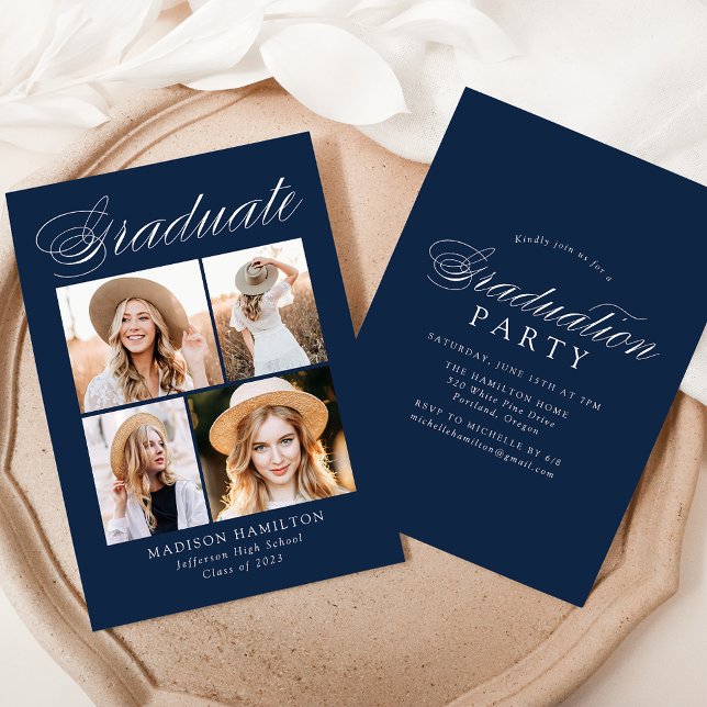 Elegant Calligraphy Navy 4 Photo Graduation Party Invitation (Creator Uploaded)