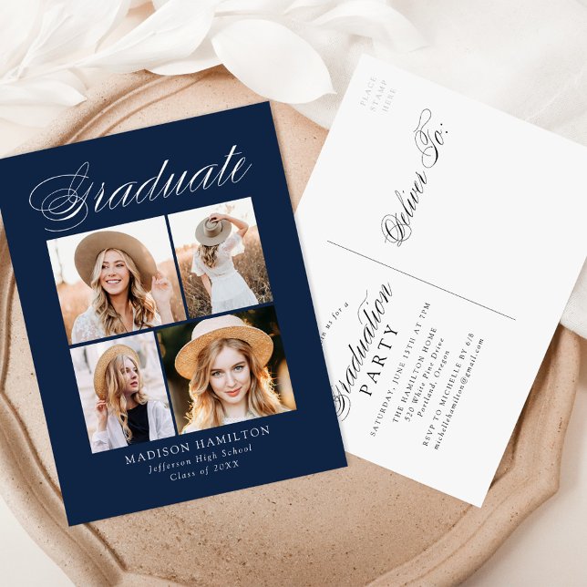 Elegant Calligraphy Navy 4 Photo Graduation Party Invitation Postcard (Creator Uploaded)