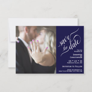 Elegant Calligraphy Navy Blue 2 Pane Photo Wedding Save The Date