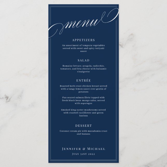 Elegant Calligraphy Navy Blue Classic Wedding Menu (Front)