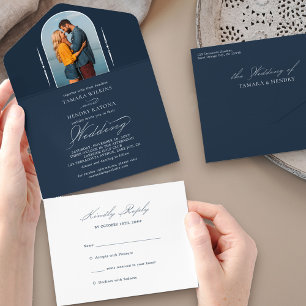 Elegant Calligraphy Navy Blue Photo RSVP Wedding All In One Invitation