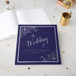 Elegant Calligraphy Navy Blue Silver Foil Wedding Guest Book