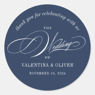 Elegant Calligraphy Navy Blue Wedding Classic Round Sticker