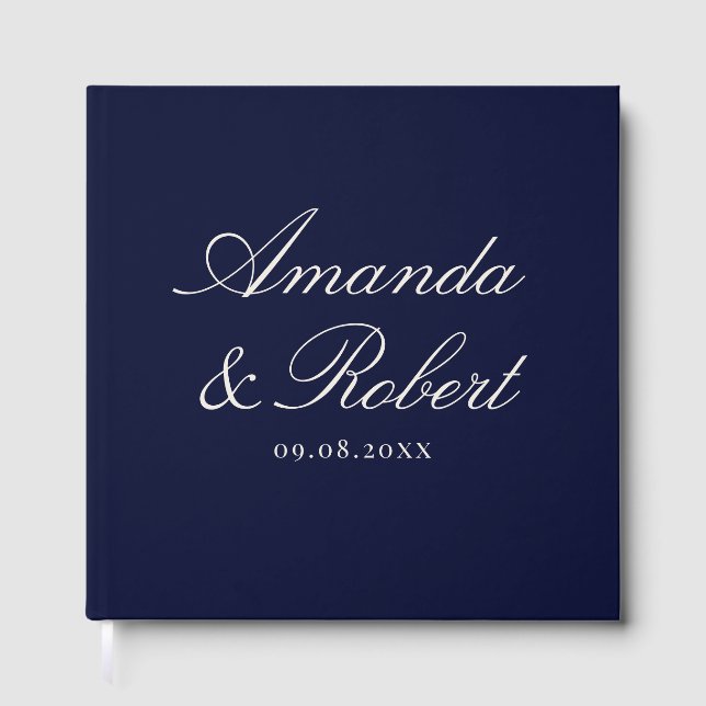 Elegant Calligraphy Navy Blue Wedding Guest Book (Front)