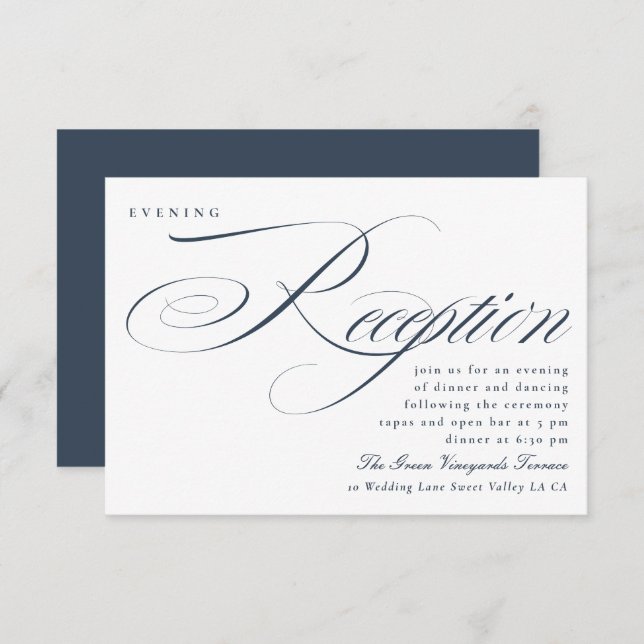 Elegant Calligraphy Navy Blue Wedding Reception Invitation (Front/Back)