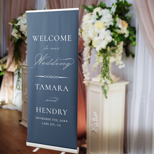 Elegant Calligraphy Navy Blue Wedding Welcome Retractable Banner (Creator Uploaded)