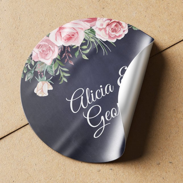 Elegant calligraphy navy blush floral wedding classic round sticker (Creator Uploaded)