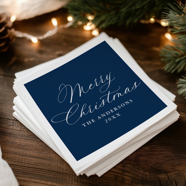 Elegant Calligraphy Navy Merry Christmas Napkin (Creator Uploaded)