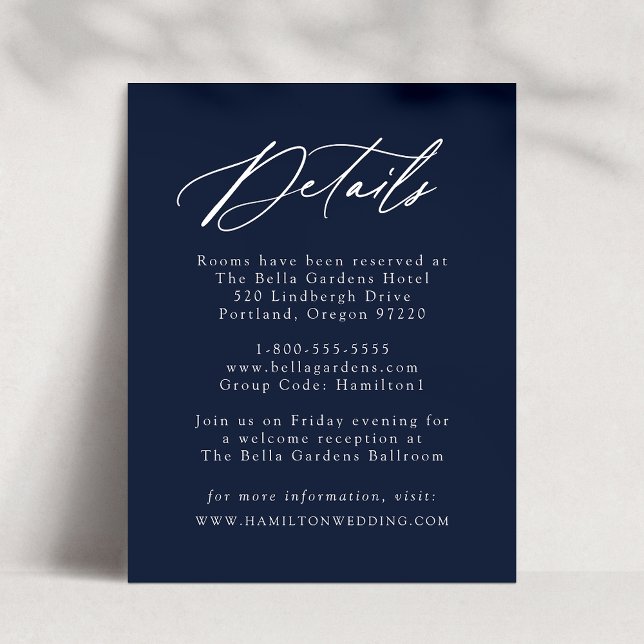 Elegant Calligraphy Navy Wedding Details Enclosure Card (Creator Uploaded)
