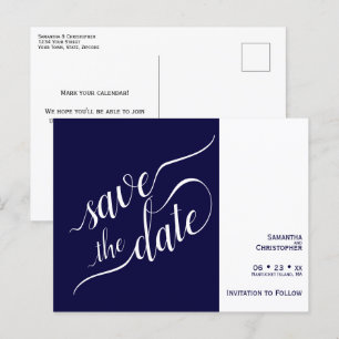 Elegant Calligraphy Navy Wedding Save the Date Announcement Postcard