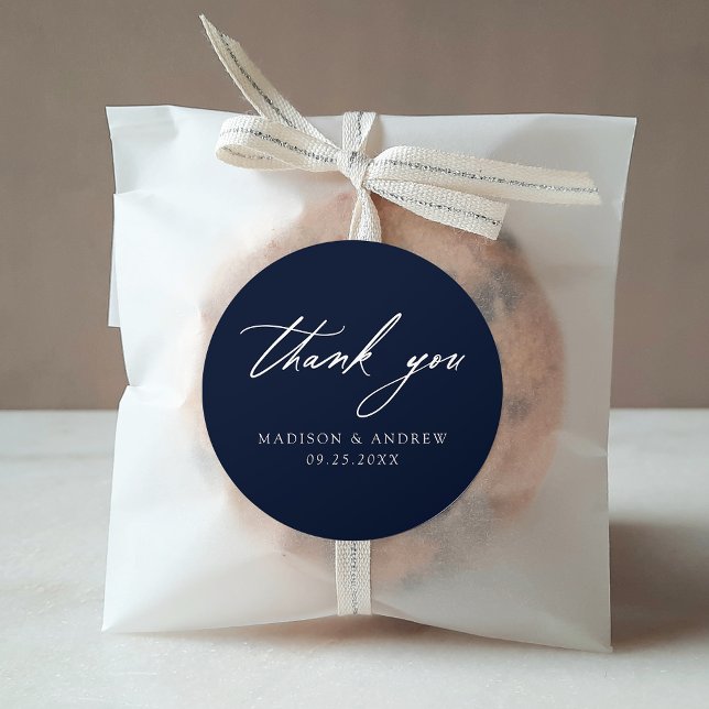 Elegant Calligraphy Navy Wedding Thank You Classic Round Sticker (Creator Uploaded)