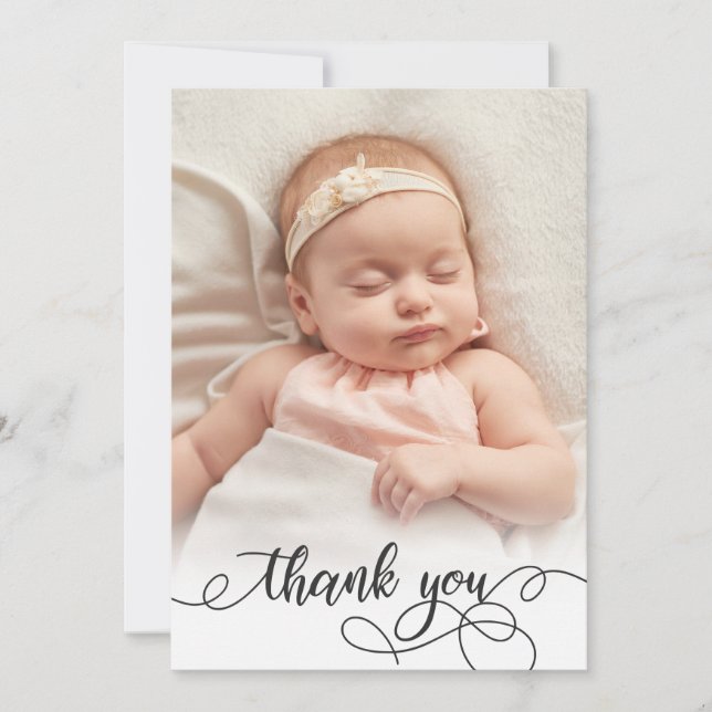 Elegant Calligraphy Newborn Baby Photo Thank You Card (Front)