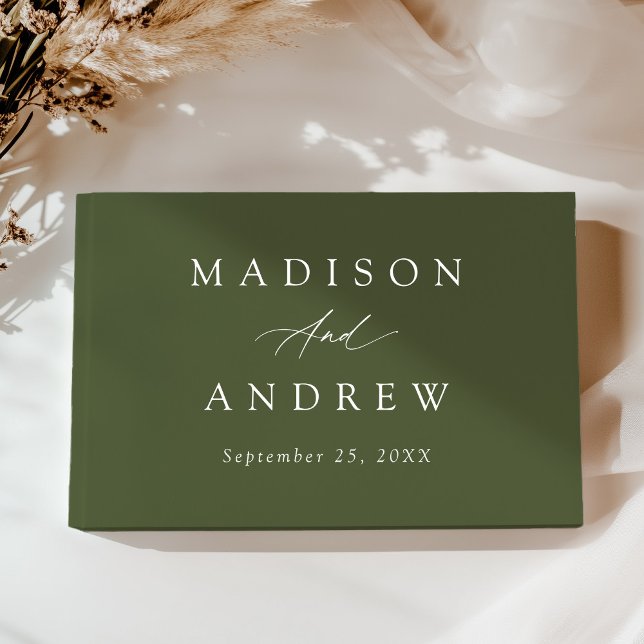 Elegant Calligraphy Olive Green Photo Wedding Guest Book (Creator Uploaded)