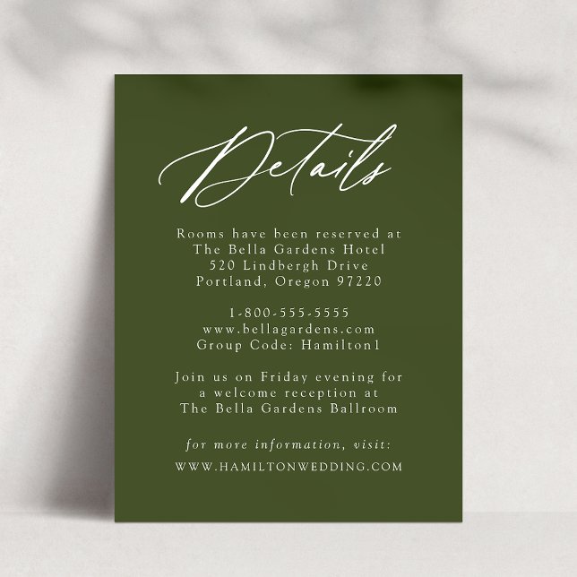 Elegant Calligraphy Olive Green Wedding Details Enclosure Card (Creator Uploaded)