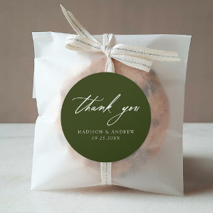 Elegant Calligraphy Olive Green Wedding Thank You Classic Round Sticker