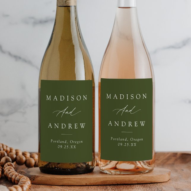 Elegant Calligraphy Olive Green Wedding Wine Label (Creator Uploaded)