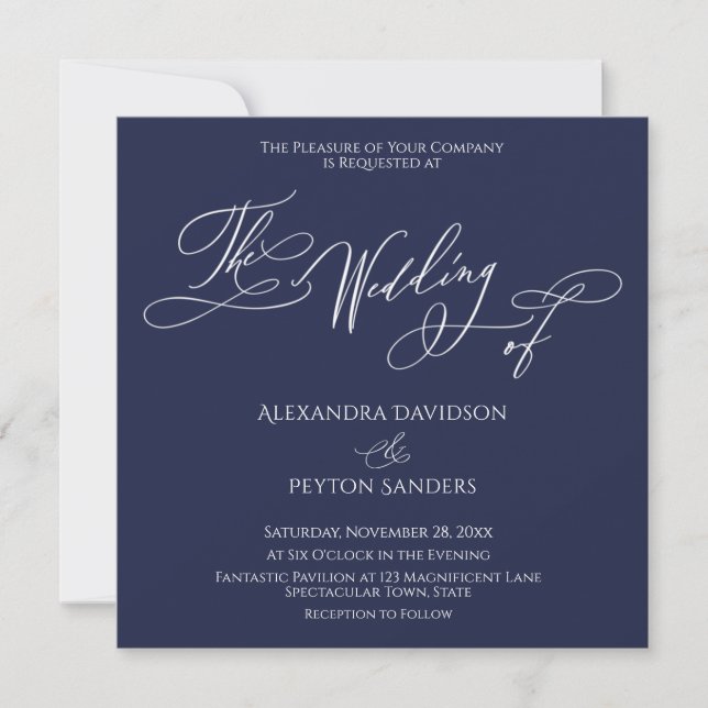 Elegant Calligraphy on Navy Blue "The Wedding of" Invitation (Front)