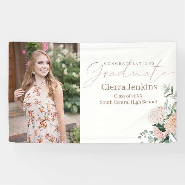 Elegant Calligraphy One Photo Floral Graduation Banner (Horizontal)