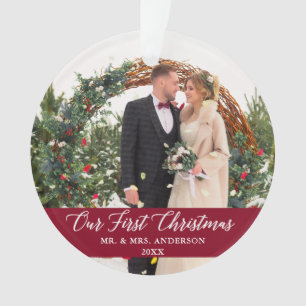 Elegant Calligraphy Our First Christmas Burgundy Ornament