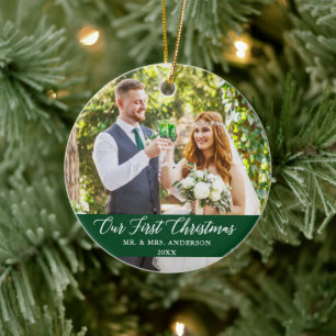 Elegant Calligraphy Our First Christmas Green Ceramic Tree Decoration