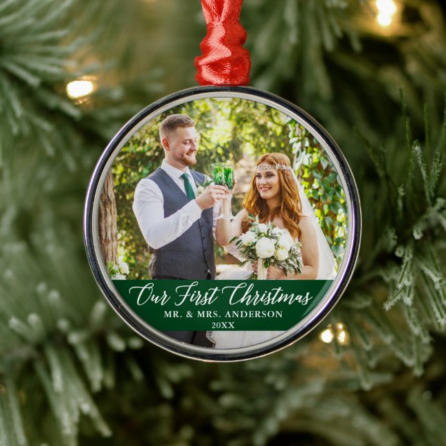 Elegant Calligraphy Our First Christmas Green Metal Tree Decoration (Tree)