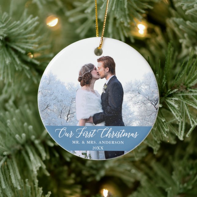 Elegant Calligraphy Our First Christmas Light Blue Ceramic Tree Decoration (Tree)