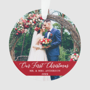 Elegant Calligraphy Our First Christmas Photo Red Ornament