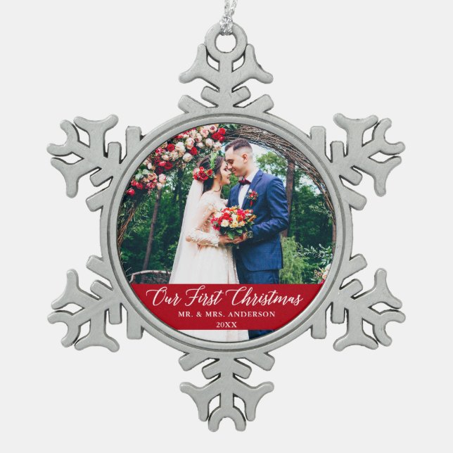 Elegant Calligraphy Our First Christmas Photo Red Snowflake Pewter Christmas Ornament (Front)