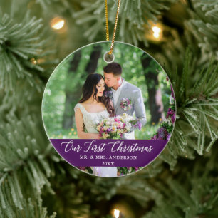 Elegant Calligraphy Our First Christmas Purple Ceramic Tree Decoration