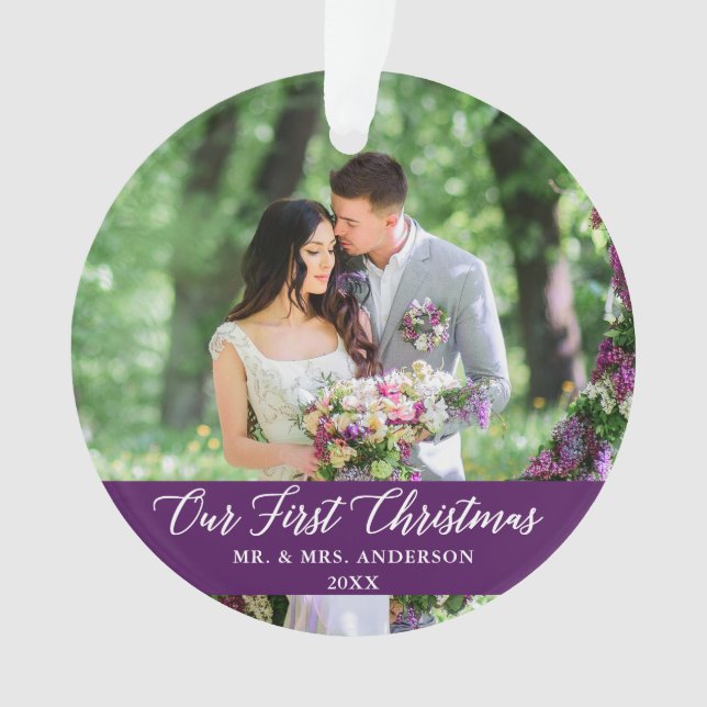 Elegant Calligraphy Our First Christmas Purple Ornament (Front)