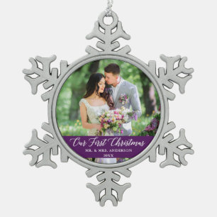 Elegant Calligraphy Our First Christmas Purple Snowflake Pewter Christmas Ornament