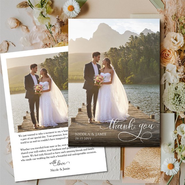 Elegant Calligraphy Overlay Simple 2 Wedding Photo Thank You Card (Wedding Photo Thank You Card with elegant modern calligraphy overlay and 2 photos)