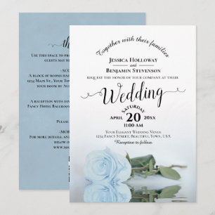 Elegant Calligraphy Pale Blue Rose QR Code Wedding Invitation