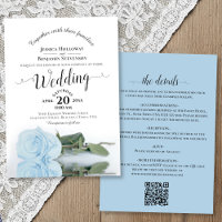 Elegant Calligraphy Pale Blue Rose QR Code Wedding