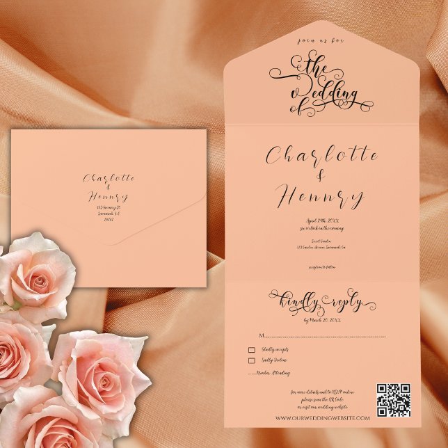  Elegant Calligraphy  Peach QR Code Wedding All In One Invitation (Creator Uploaded)