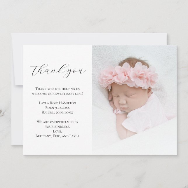 Elegant Calligraphy Photo Baby Shower Thank You Card (Front)
