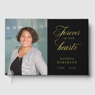 Elegant Calligraphy Photo Funeral Memorial Gold Guest Book