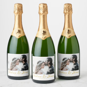 Elegant Calligraphy Photo Gold Sparkling Wine Wedd Label