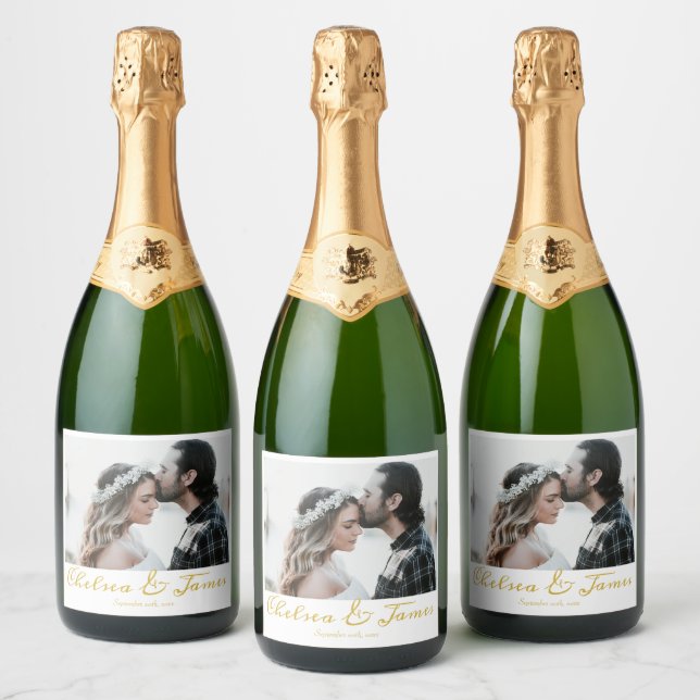 Elegant Calligraphy Photo Gold Sparkling Wine Wedd Sparkling Wine Label (Bottles)