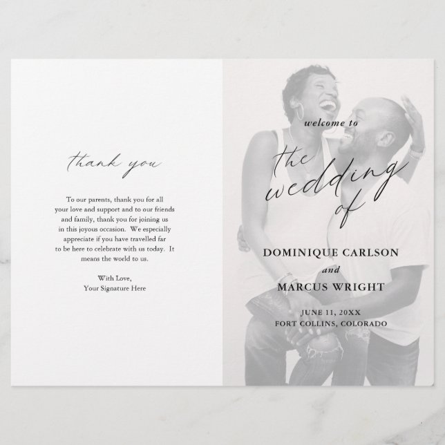 Elegant Calligraphy Photo Modern Wedding Program (Front)