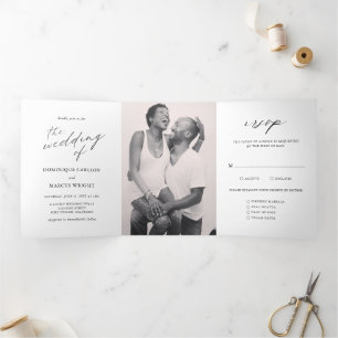 Elegant Calligraphy Photo Modern Wedding Tri-Fold Invitation