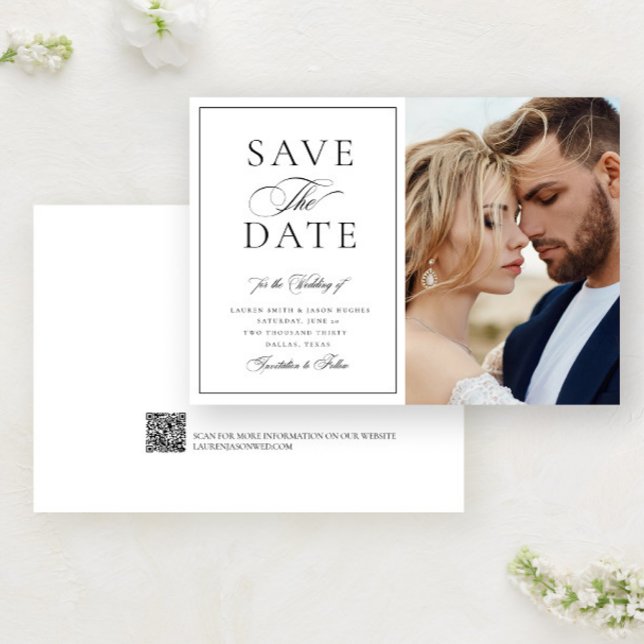 Elegant Calligraphy Photo QR Code Wedding Save The Date (Creator Uploaded)