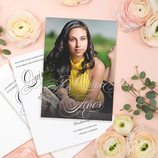 Elegant Calligraphy Photo Quinceañera Invitation (Creator Uploaded)