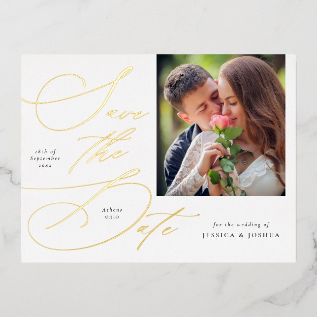 Elegant Calligraphy Photo Save the Date Gold Foil Invitation Postcard (Front)