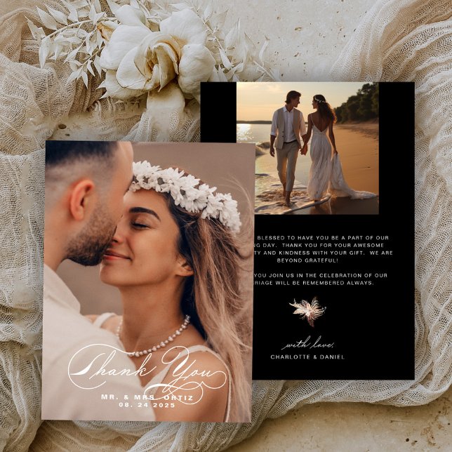 Elegant Calligraphy Photo Wedding black and white Thank You Card (Creator Uploaded)