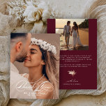 Elegant Calligraphy Photo Wedding Burgundy Thank You Card<br><div class="desc">An elegant wedding calligraphy script with the words Thank You makes an outstanding message of gratitude to family and friends.   Personalise all of your wedding details in the guide above to make it your own.</div>